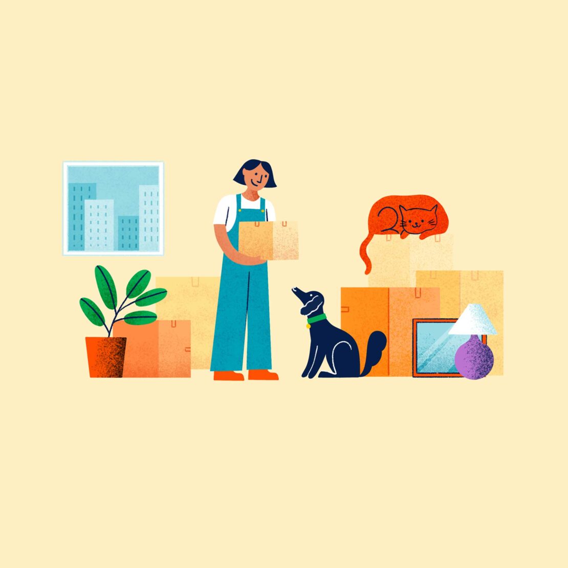 Illustration of a woman carrying a box with a dog, cat, plant, and picture, surrounded by moving boxes against a yellow backdrop.
