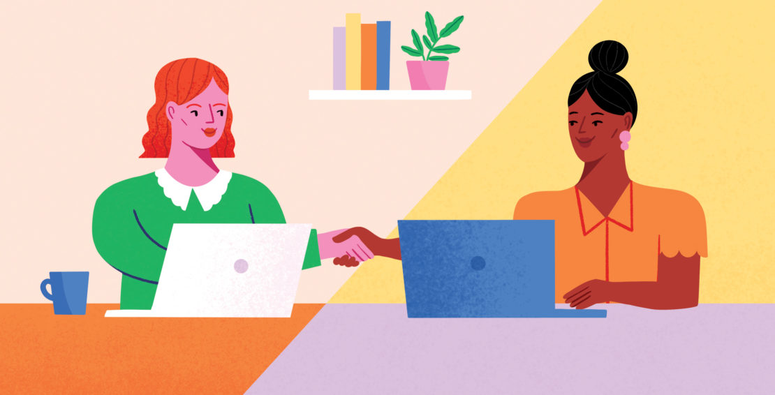 Illustration of two women shaking hands across laptops, symbolizing business deal or teamwork in modern, stylized workplace setting.