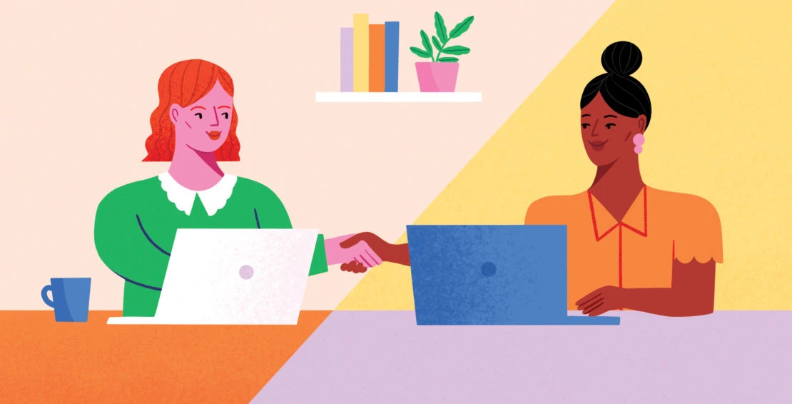 Illustration of two women shaking hands across laptops, symbolizing business deal or teamwork in modern, stylized workplace setting.