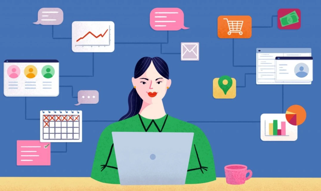 Illustration of woman using laptop with floating icons representing business topics such as charts, calendar, location, and shopping.