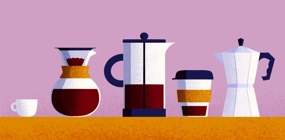 Illustration of coffee preparation equipment on a counter: pour-over, French press, single-use cup, and Moka pot against a pink backdrop.