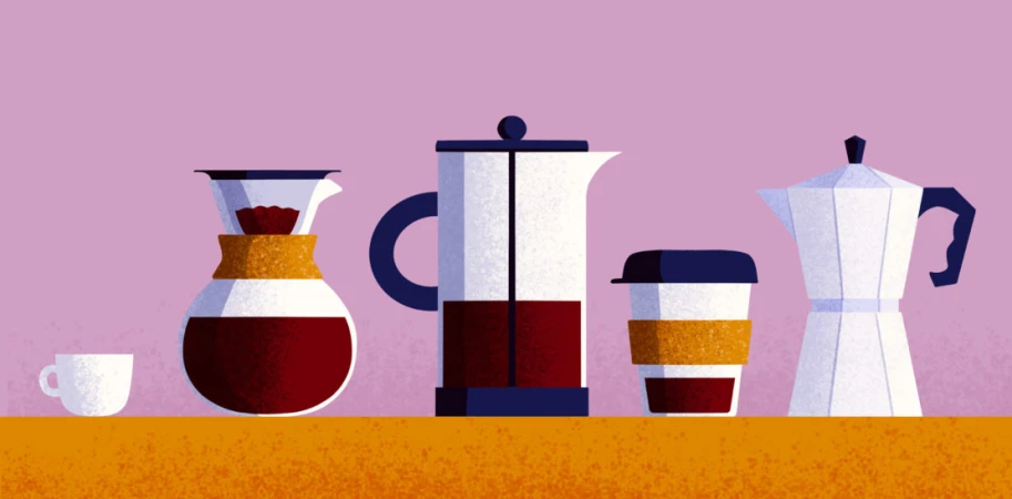 Illustration of coffee preparation equipment on a counter: pour-over, French press, single-use cup, and Moka pot against a pink backdrop.