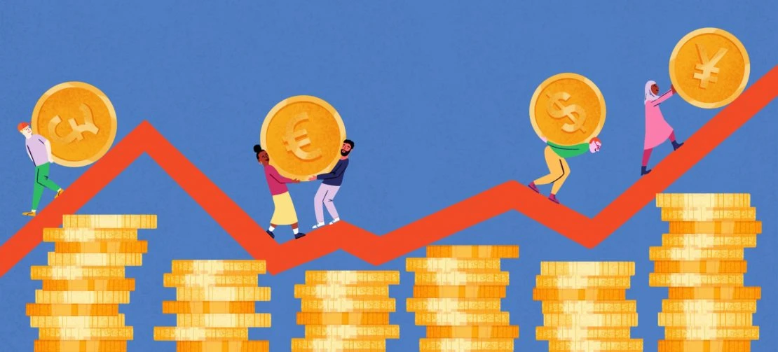 Illustration showing people carrying gold coins with currency symbols over a rising red line, symbolizing financial growth.
