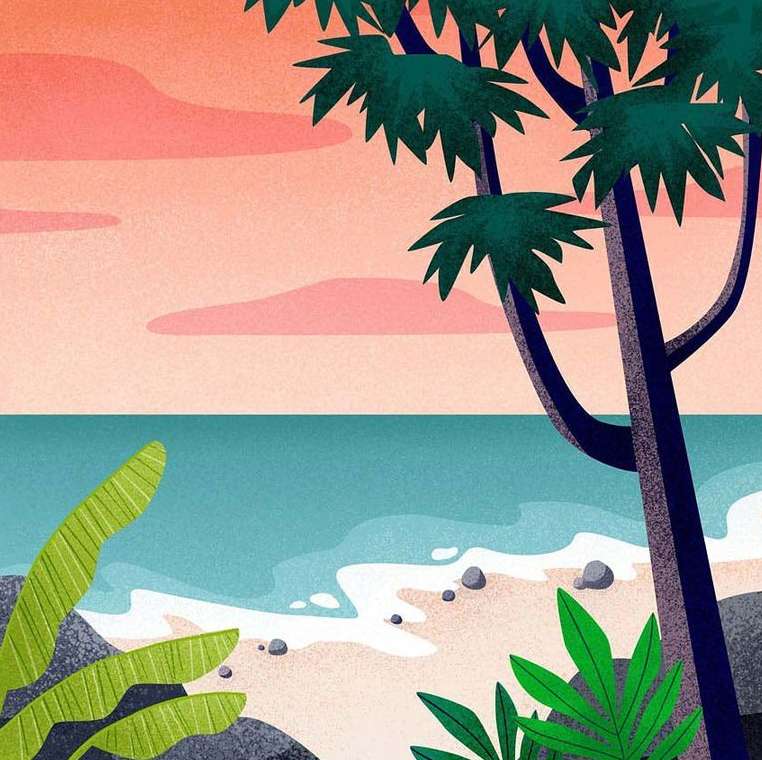 Illustration of a tropical beach scene with a palm tree, green plants, sandy shore, ocean waves, and a pink-hued sky at sunset.