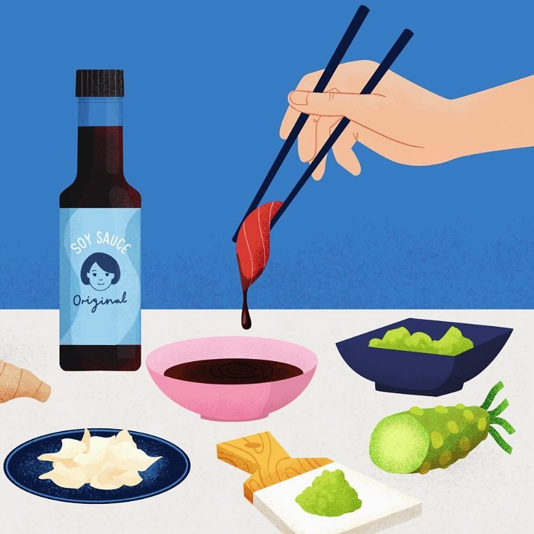 Illustration of sushi preparation with soy sauce, wasabi, ginger, chopsticks, and a hand dipping sushi into sauce.
