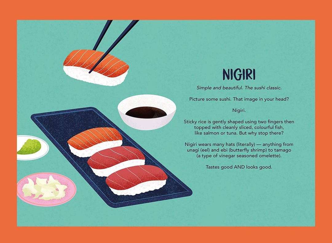 Illustration of nigiri sushi with salmon and tuna on a blue plate with soy sauce and wasabi, with chopsticks holding a piece of sushi.