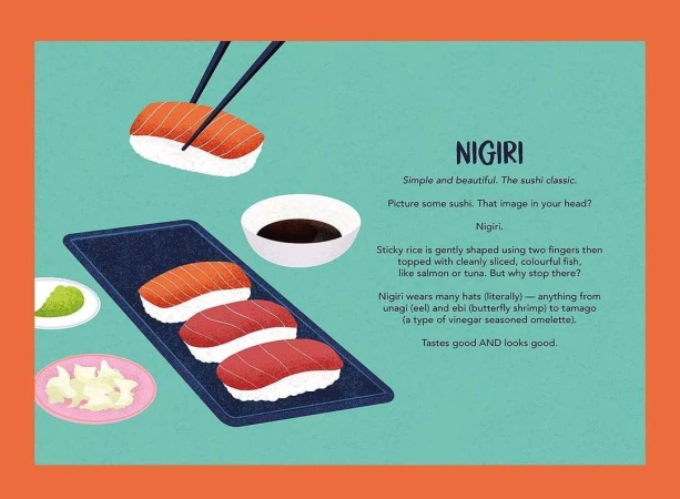 Illustration of nigiri sushi with salmon and tuna on a blue plate with soy sauce and wasabi, with chopsticks holding a piece of sushi.