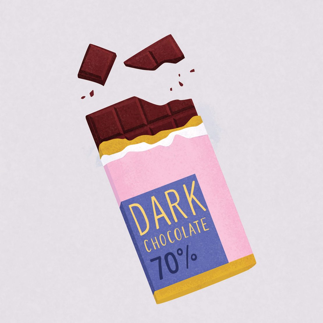 Illustration of a dark chocolate bar in a pink wrapper with a blue label, with two pieces of the bar broken off.