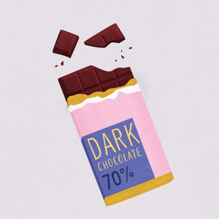 Illustration of a dark chocolate bar in a pink wrapper with a blue label, with two pieces of the bar broken off.