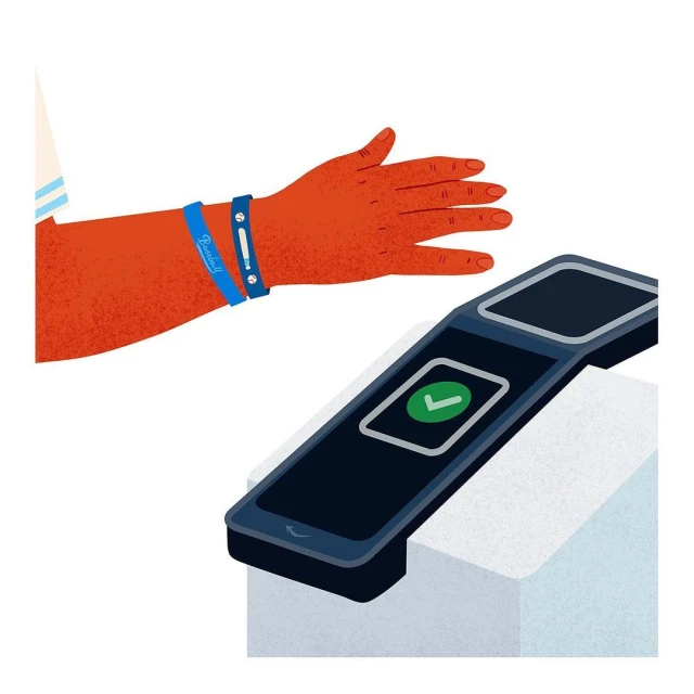 Illustration of an arm scanning a payment terminal; the arm has two wristbands, and the payment terminal has a green checkmark.