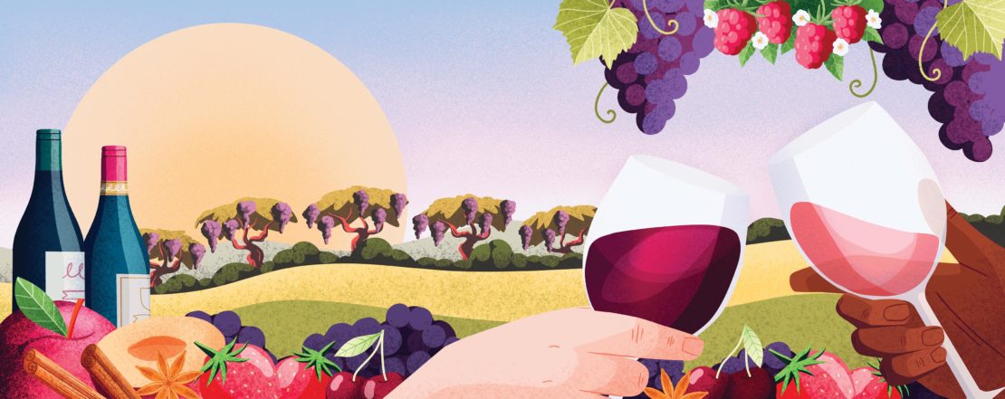Illustration of two hands holding wine glasses with red wine against a backdrop of rolling hills and ripe fruit.