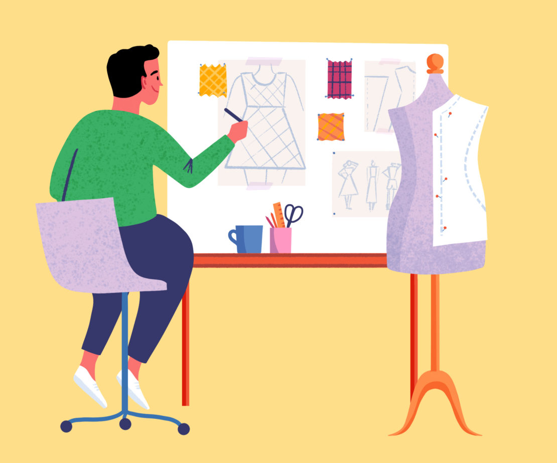 Illustration of a fashion designer sketching a dress pattern at a desk with a dress form, textiles, and drawing tools.