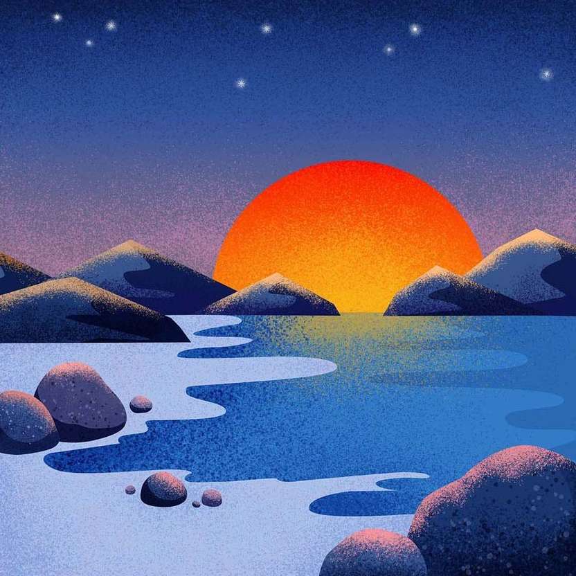 Illustration of a sunset over a body of water with mountains and rocks in the foreground, set against a starry night sky.