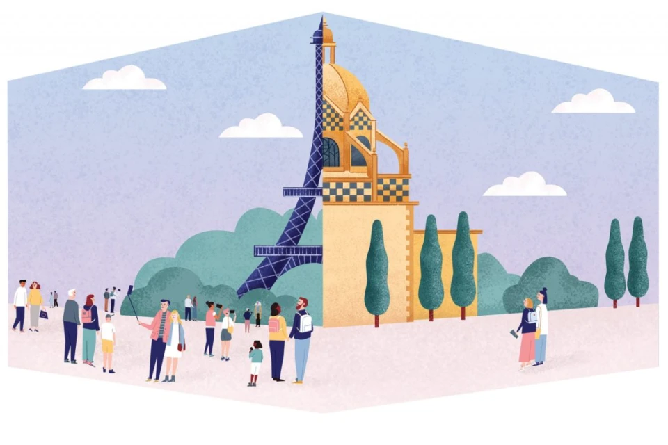 Illustration of the Eiffel Tower meets architectural elements, with a crowd of people and trees against a light blue sky background.