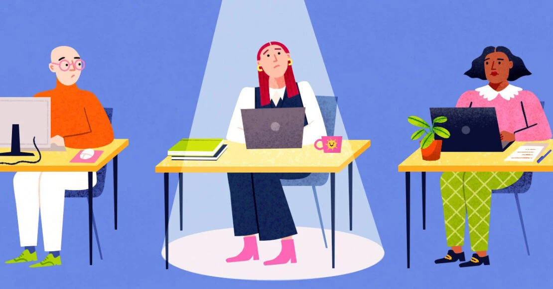 Illustration of three colleagues working at desks, each with a computer. The style is flat and colourful, with a spotlight on one person.