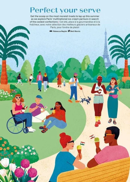 Illustration of diverse people enjoying ice cream in a Paris park with the Eiffel Tower in the background, under a bright sky.