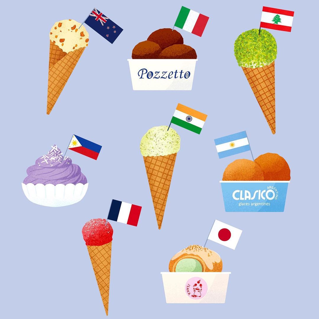 Colorful illustration of international ice cream cones and cups with small country flags on a light blue background.