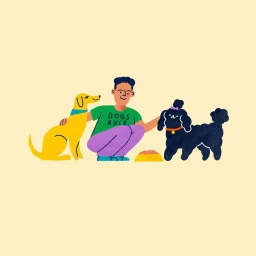 Digital illustration of a person crouching between a yellow dog and a fluffy black poodle on a pale cream background.