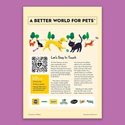Illustrated poster by Bett Norris featuring colourful pet illustrations, a QR code, and brand logos on a cream background.