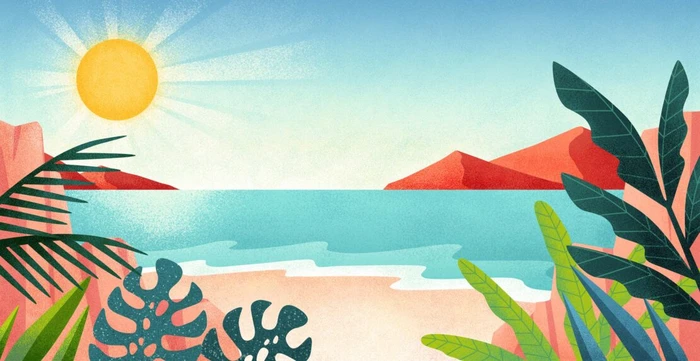 Digital illustration of a sunny tropical beach framed by stylized palm leaves, turquoise water, and a bright yellow sun.