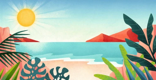 Digital illustration of a sunny tropical beach framed by stylized palm leaves, turquoise water, and a bright yellow sun.