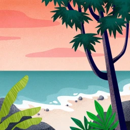 Illustration of a tropical beach with turquoise ocean, pink sunset sky, and green palm foliage framed in the foreground.