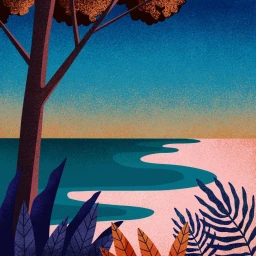 Digital landscape illustration by Bett Norris featuring a tree, beach, and ocean under a textured gradient sky.