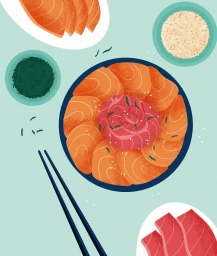 Top-down illustrated flat lay of a salmon poke bowl with rice, sliced fish, and chopsticks on a pale teal background.