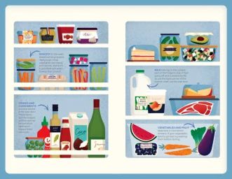 Illustrated open refrigerator shelves filled with organised food, jars, drinks, and produce by Bett Norris