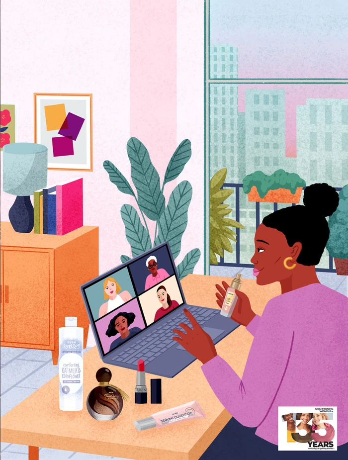 Illustration by Bett Norris of a Black woman on a video call at a desk holding a cosmetic bottle with beauty products nearby.