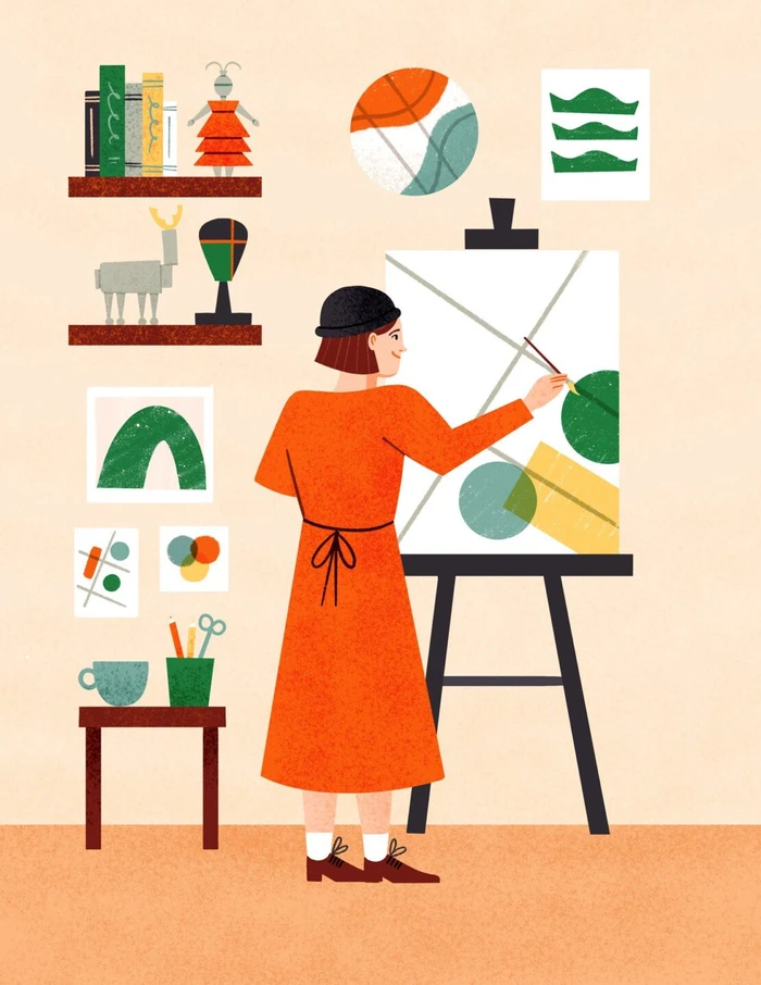 Illustration of a woman in an orange dress painting on a canvas in an art studio by Bett Norris