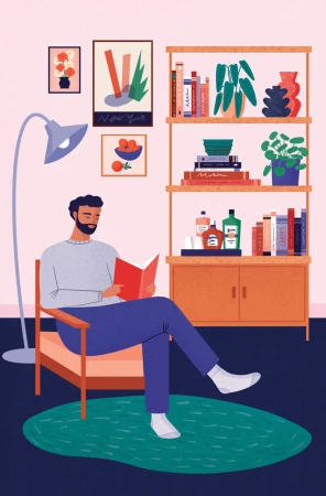 Digital illustration by Bett Norris showing a man sitting in an armchair reading a book in a cozy living room.
