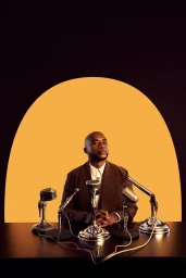 Charlamagne tha God seated behind a table with multiple vintage microphones in front of an illuminated yellow arch backdrop.