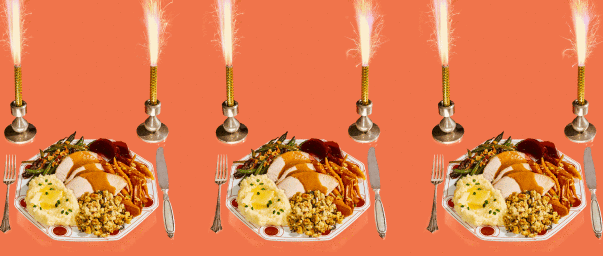 Three identical Thanksgiving dinner plates with sliced turkey and sides alongside burning sparkler candles on an orange background.