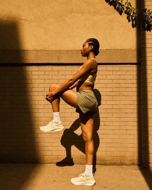 An athletic woman in sportswear stretches her leg up, exercising outdoors in sunlight against a brick wall with climbing vines overhead.