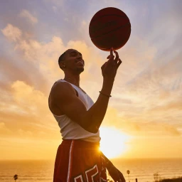 A smiling young Black man wearing a white tank top and red shorts spins a basketball on his finger against a sunset sky.