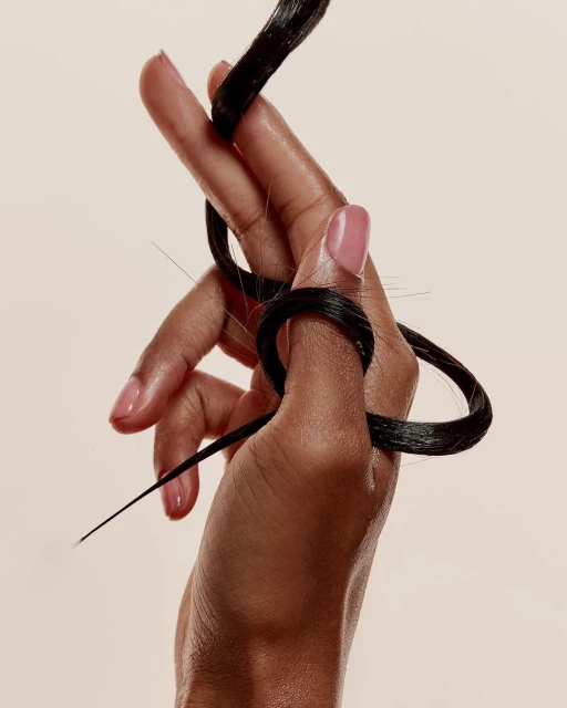 Close-up shot of a hand holding a strand of dark hair, set against a soft, neutral background. The focus is on the texture of the hair.