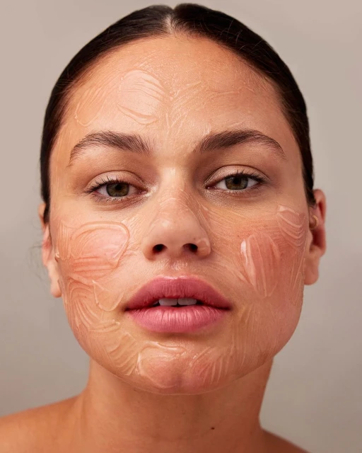 Close-up studio shot of a young adult female with light skin, applying a facial mask, looking directly at the camera against a neutral background.