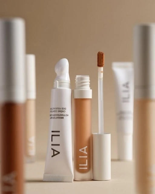 Close-up of Ilia brand beauty products in white tubes and containers, arranged on a beige background for a minimalist aesthetic.