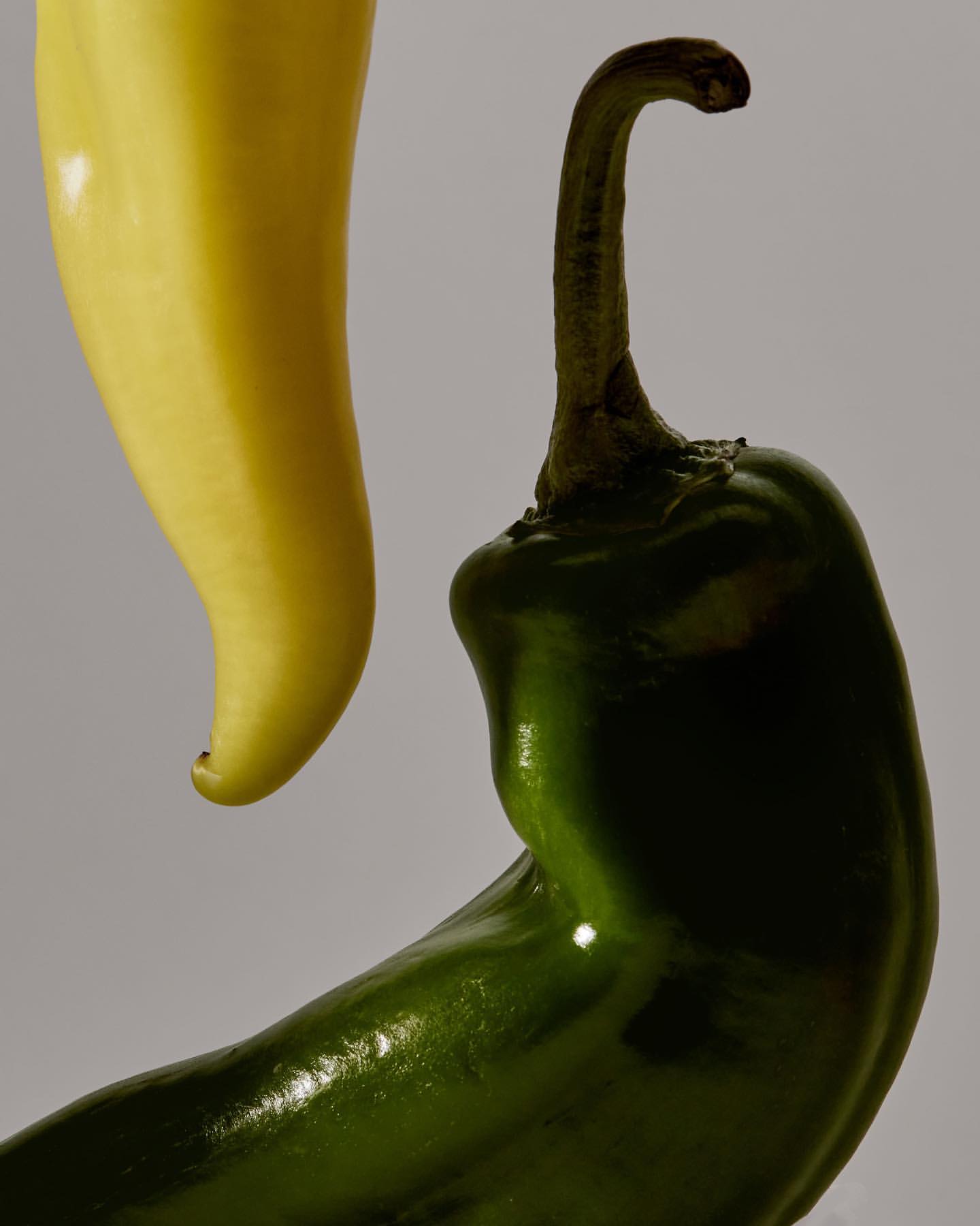 Close-up of a green jalapeño pepper standing next to a yellow banana pepper on a white background, emphasizing fresh produce.