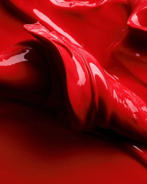 Close-up of thick, glossy red liquid with swirling texture creating abstract patterns and highlights, filling the frame.