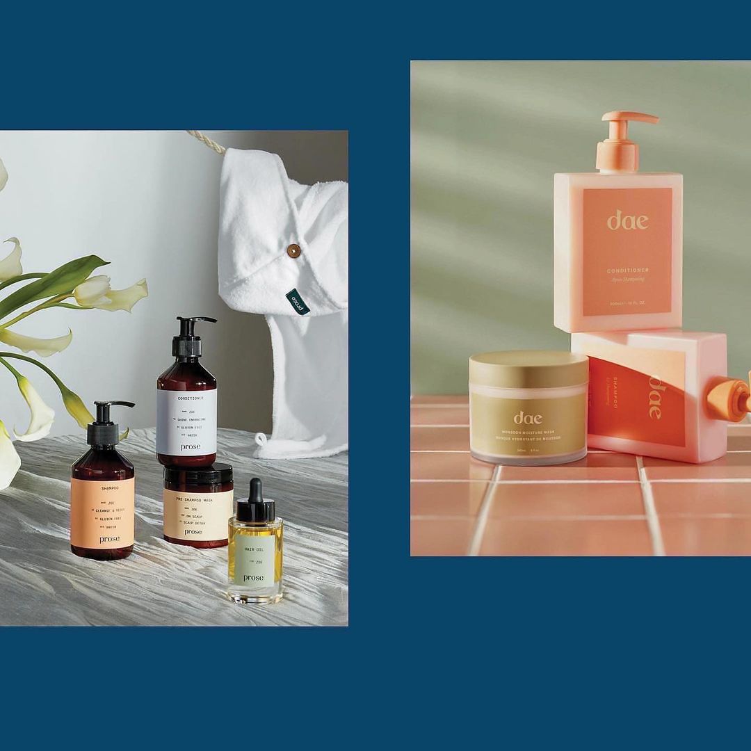Still life shot featuring various Prose and Dae hair care products including shampoos, conditioners, hair masks, and oil on tile surface.