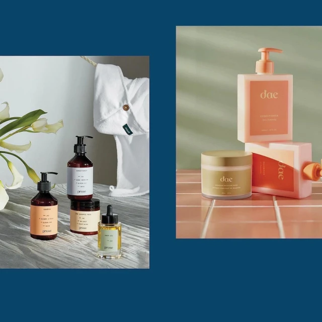 Still life shot featuring various Prose and Dae hair care products including shampoos, conditioners, hair masks, and oil on tile surface.