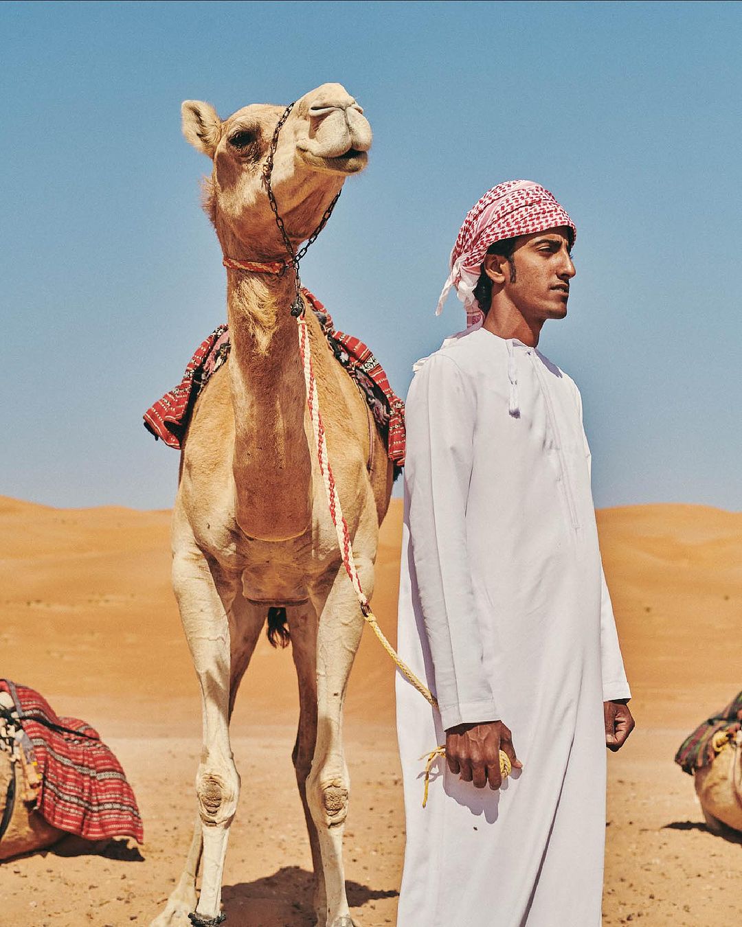 Man in traditional Emirati dress with a camel in a desert setting under a clear blue sky, capturing a sense of Middle Eastern culture.