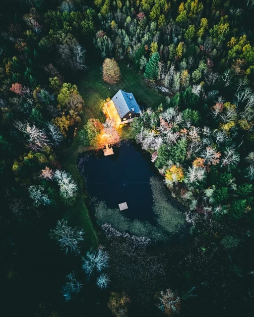 Aerial view of a dark lake surrounded by a lush forest and a small wooden house illuminated with warm light. Nature scene.