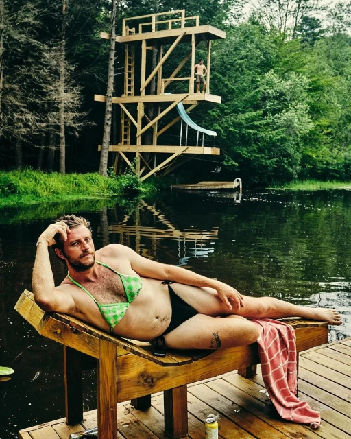 Man poses on a wooden lounge chair wearing a bikini near a pond with a wooden diving tower in the background on a summer day.