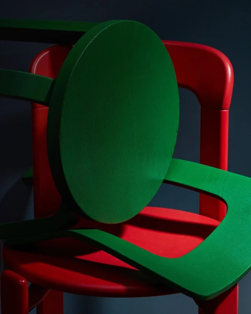 A vibrant, abstract composition featuring a red chair partially obscured by a deconstructed green chair, set against a dark background.