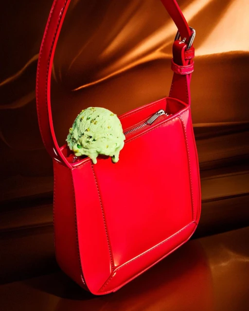 Fashionable red patent leather purse with a scoop of green ice cream dripping down the side against a brown gradient background.