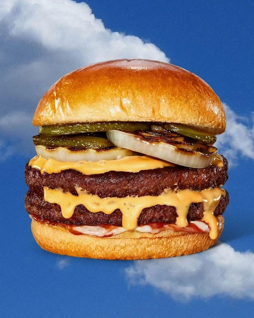Double cheeseburger featuring beef patties, cheese sauce, grilled onions, and pickles on a bun, set against a blue sky background.