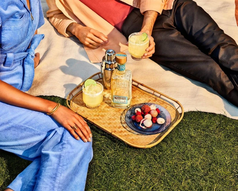 Two people sitting on a blanket outdoors with cocktails, liquor bottle, metal shaker, and a plate of fruit on a wicker tray.